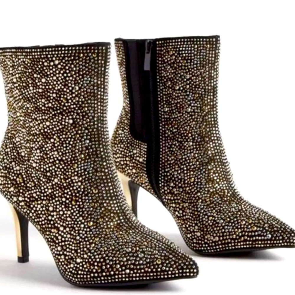 Torrid Embellished Pointed Toe Stiletto Bootie, Gold/Champagne/Black, 11WW